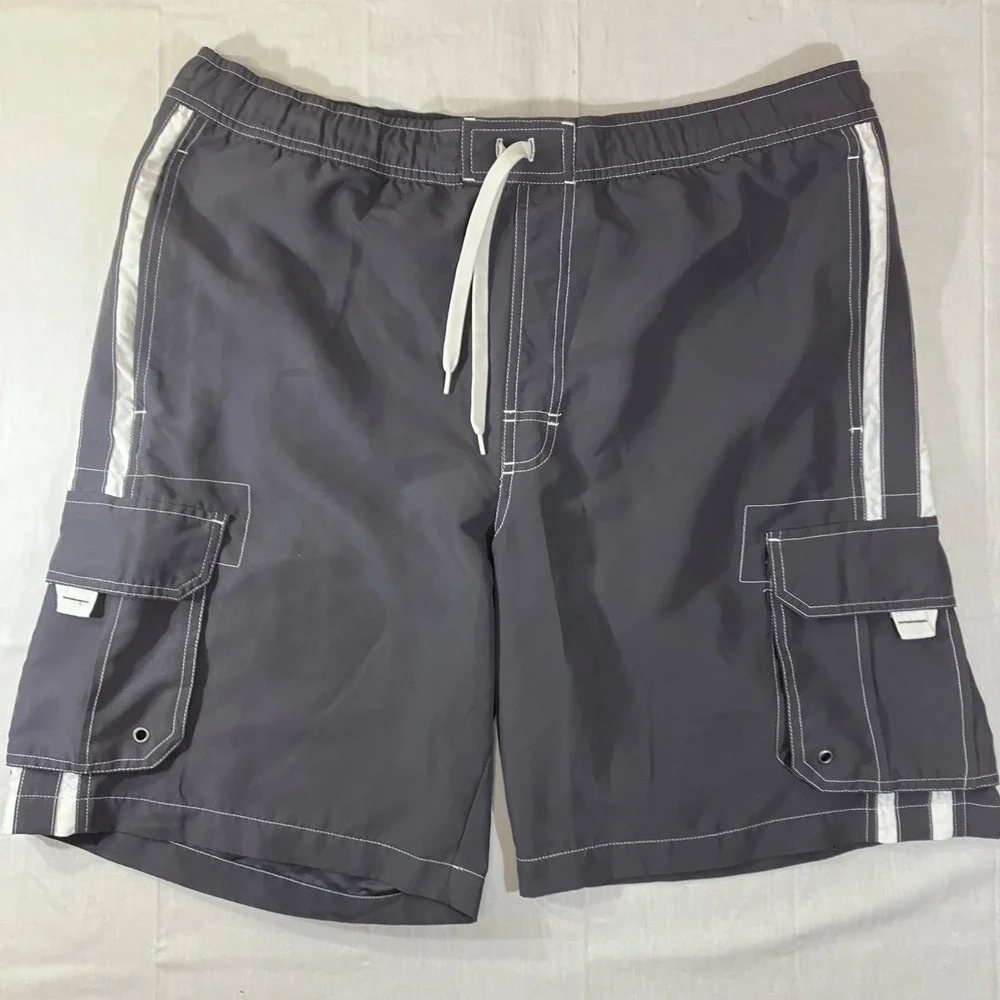 Open Trails Mens Cargo Board Shorts Gray Medium Mesh Lined Swim Trunks RN 67227